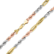 Close-up of tri-color gold Milano chain showing lobster clasp on white background.