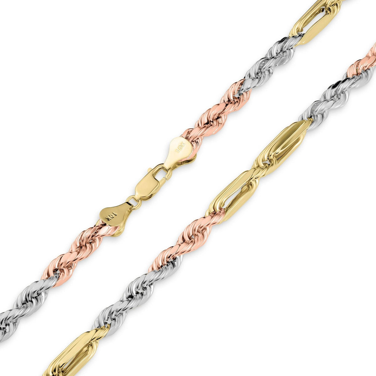 Close-up of tri-color gold Milano chain showing lobster clasp on white background.