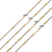 Four tri-color gold Milano chains shown diagonally with width labels on white.