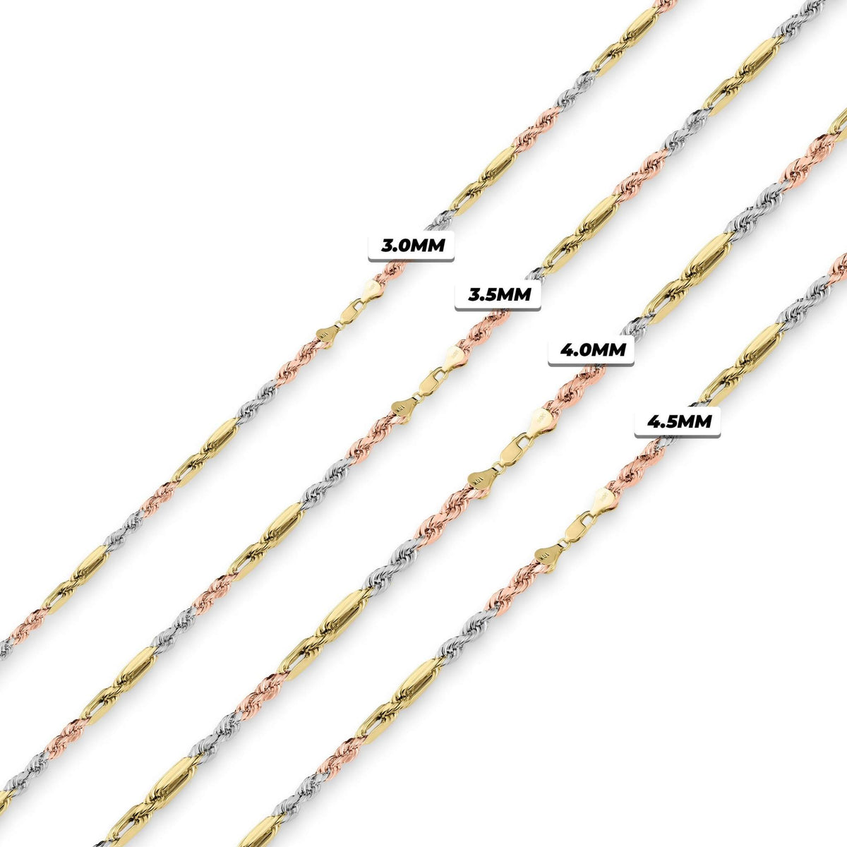 Four tri-color gold Milano chains shown diagonally with width labels on white.
