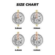 Size chart showing tri-color Milano chains placed over US quarter coins for scale.