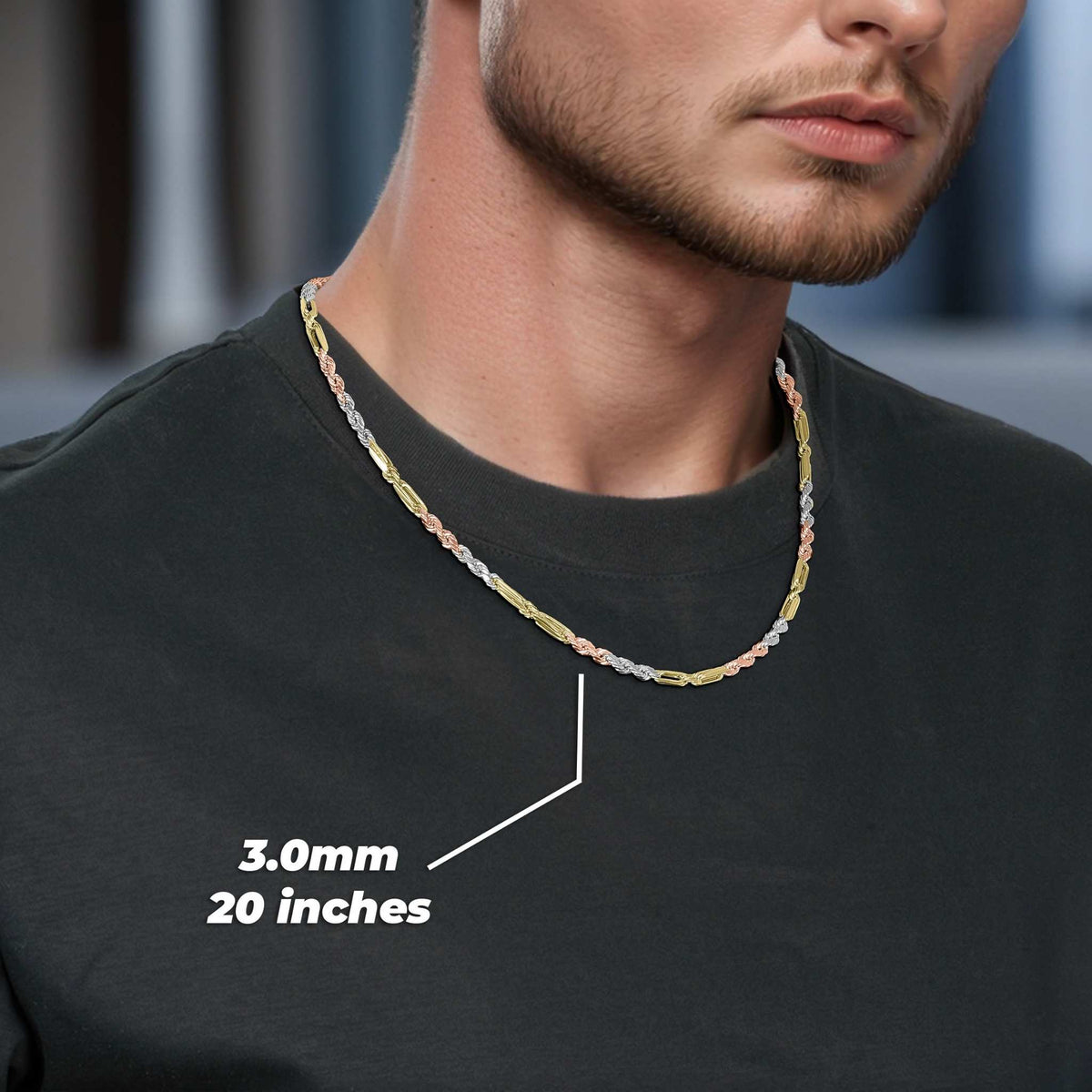 Man wearing tri-color gold Milano chain with 3.0mm 20-inch text overlay.