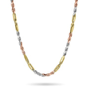 Solid tri-color gold Milano chain necklace featuring yellow, white, and rose gold links