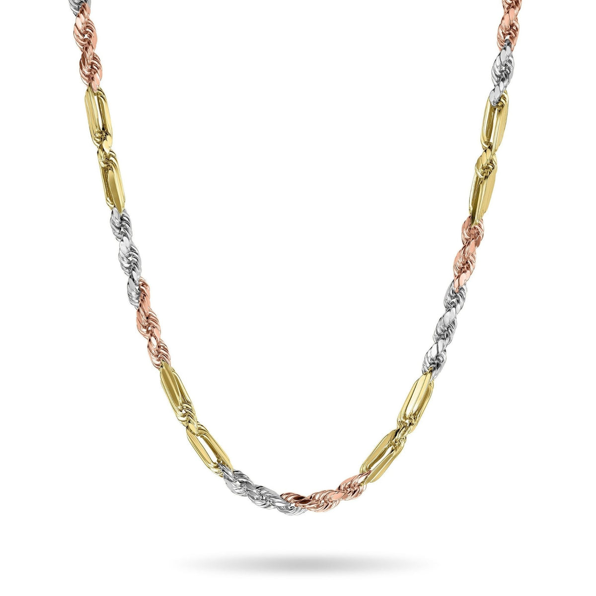 Solid tri-color gold Milano chain necklace featuring yellow, white, and rose gold links