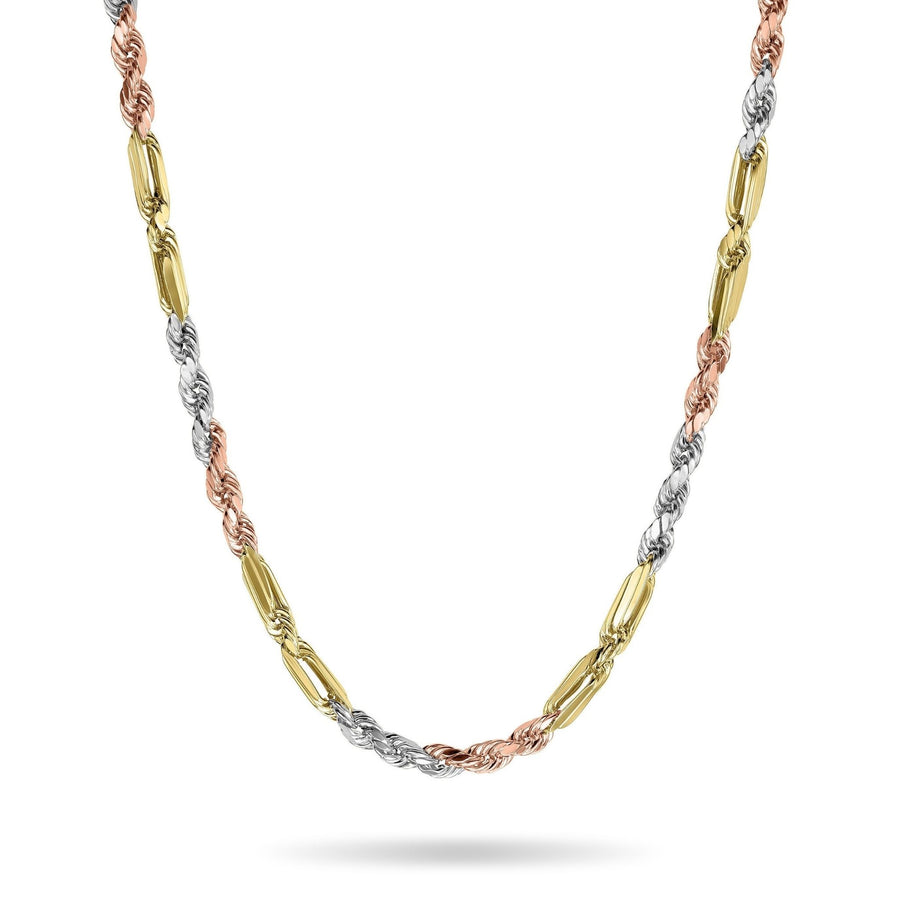 Solid tri-color gold Milano chain necklace featuring yellow, white, and rose gold links
