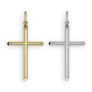 Polished yellow gold and silver tube cross pendants centered side-by-side on plain white backdrop.