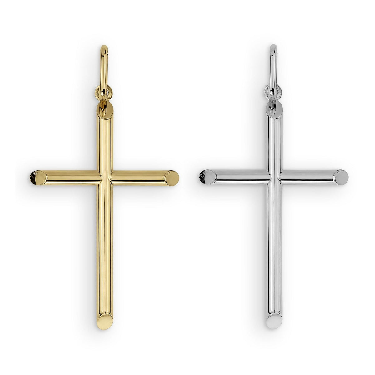 Polished yellow gold and silver tube cross pendants centered side-by-side on plain white backdrop.