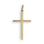 Polished yellow gold classic tube cross pendant displayed on a plain white backdrop.