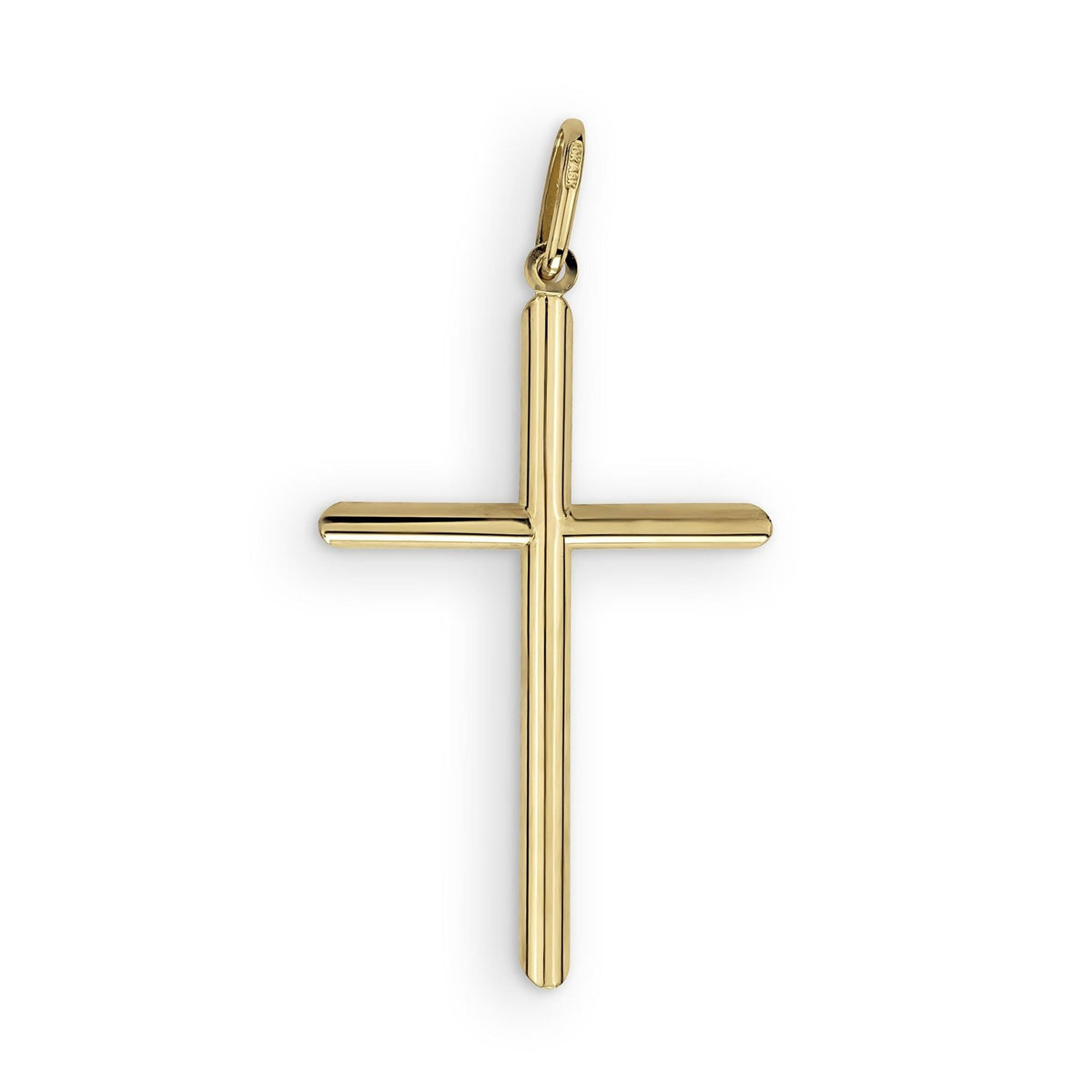 Polished yellow gold classic tube cross pendant displayed on a plain white backdrop.