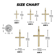 Size chart guide showing five gold tube cross pendants labeled Size 1 to 5.