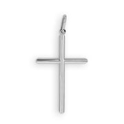 Polished white gold tube cross pendant featuring clean lines on a solid white background.