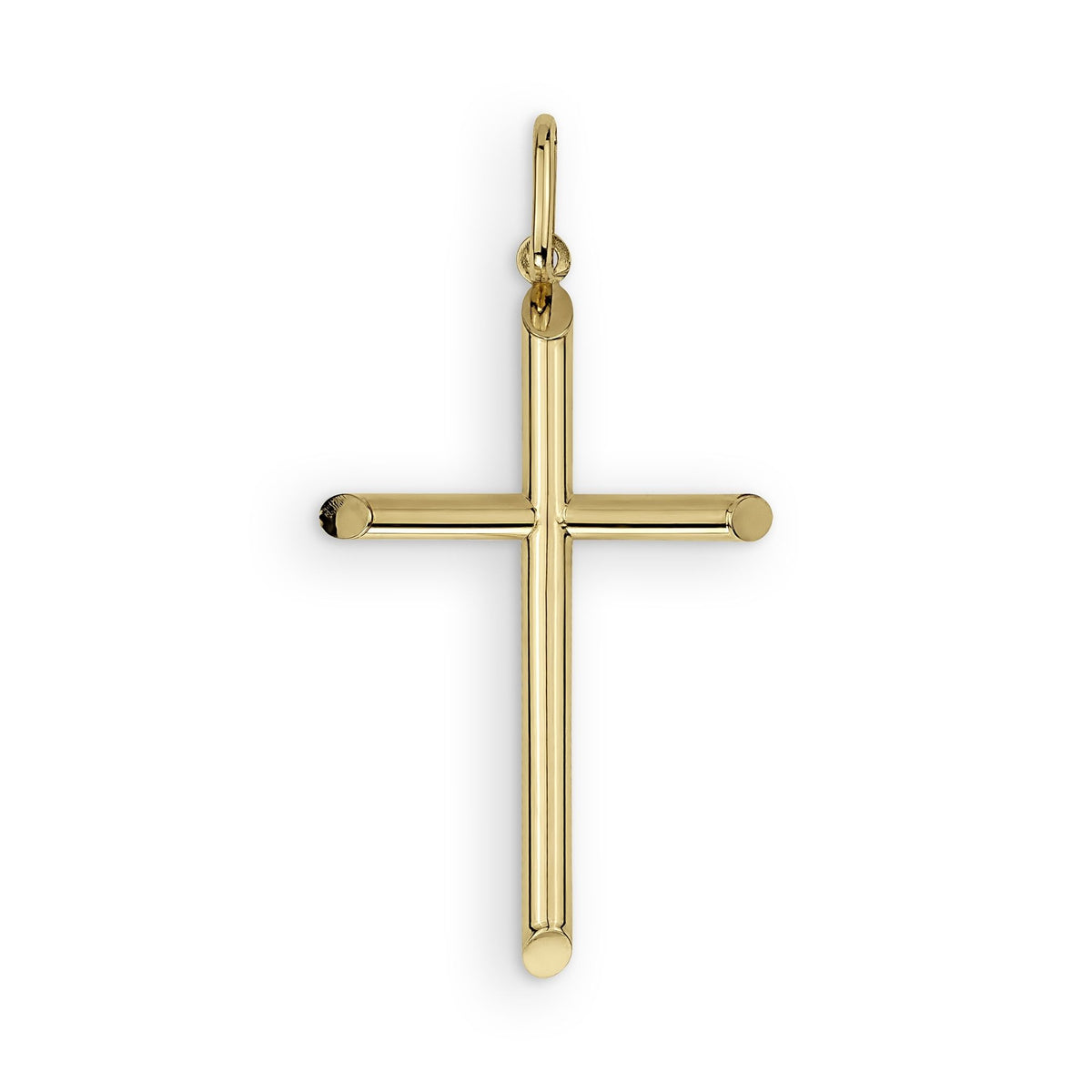 Polished yellow gold tube cross pendant featuring clean lines on a solid white background.