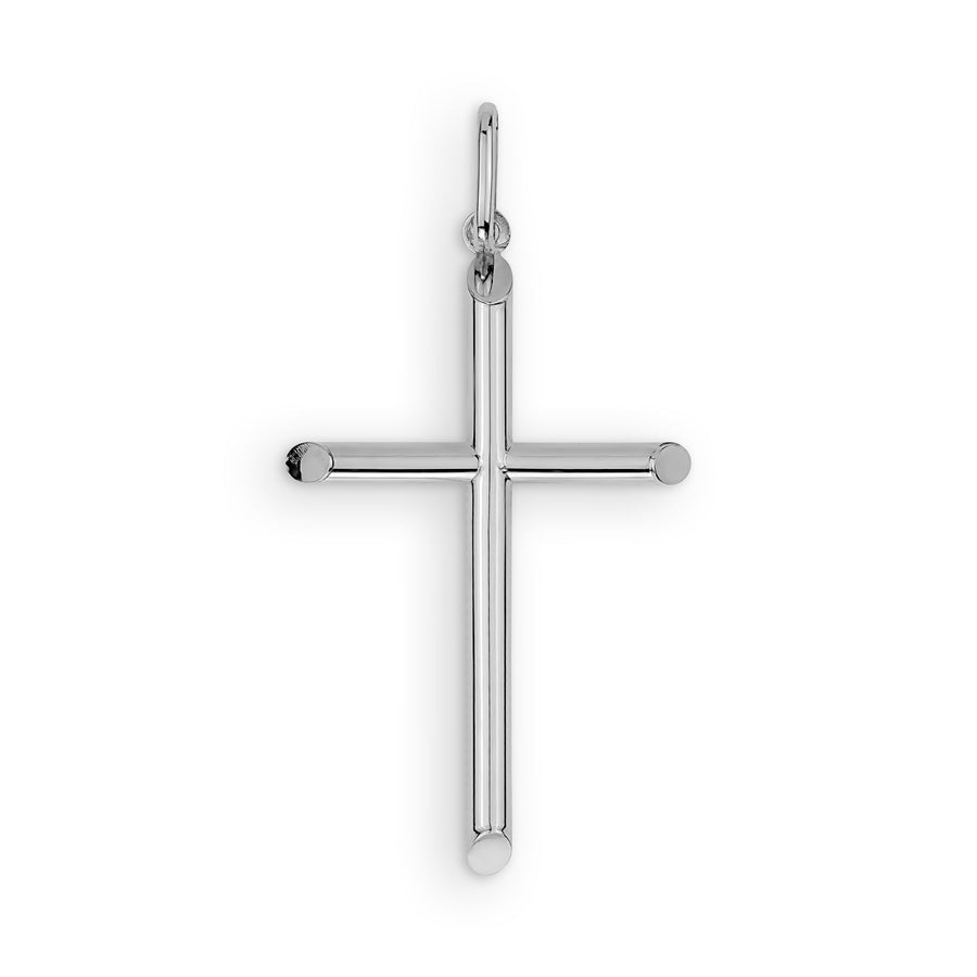 Gleaming white gold minimalist tube cross pendant set against a pristine, solid white background.