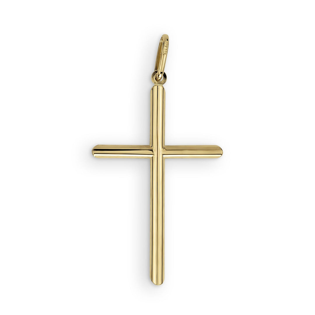 Sleek 14k yellow gold minimalist tubular crucifix pendant centered on a plain white backdrop