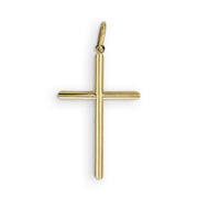 Sleek 14k yellow gold minimalist tubular crucifix pendant centered on a plain white backdrop
