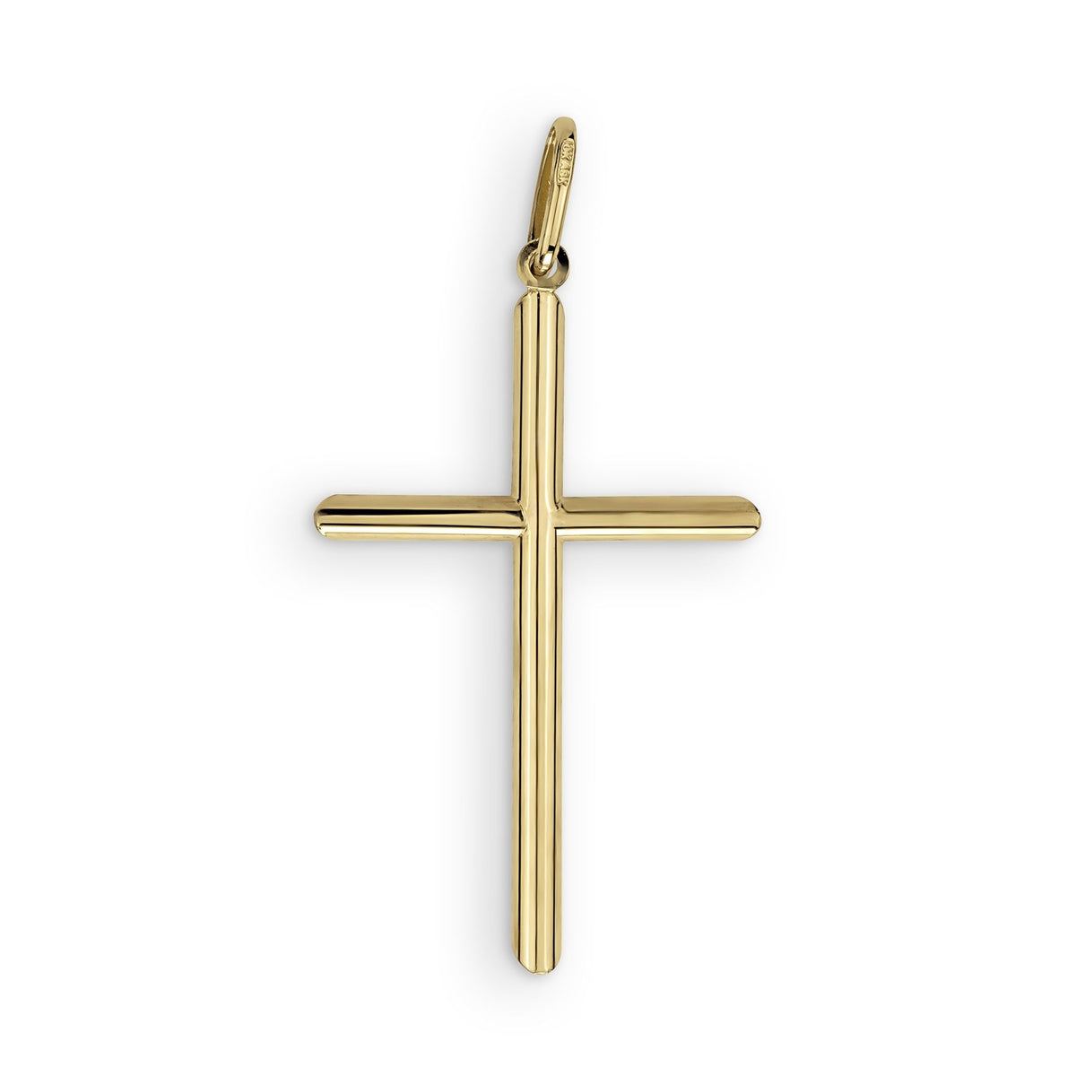 Sleek 14k yellow gold minimalist tubular crucifix pendant centered on a plain white backdrop