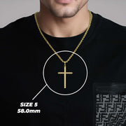 Man wearing size 5 (58.0mm) yellow gold tube cross pendant on a black shirt.