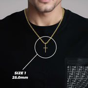 Man wearing a 25.0mm yellow gold tube cross pendant necklace on a black shirt.