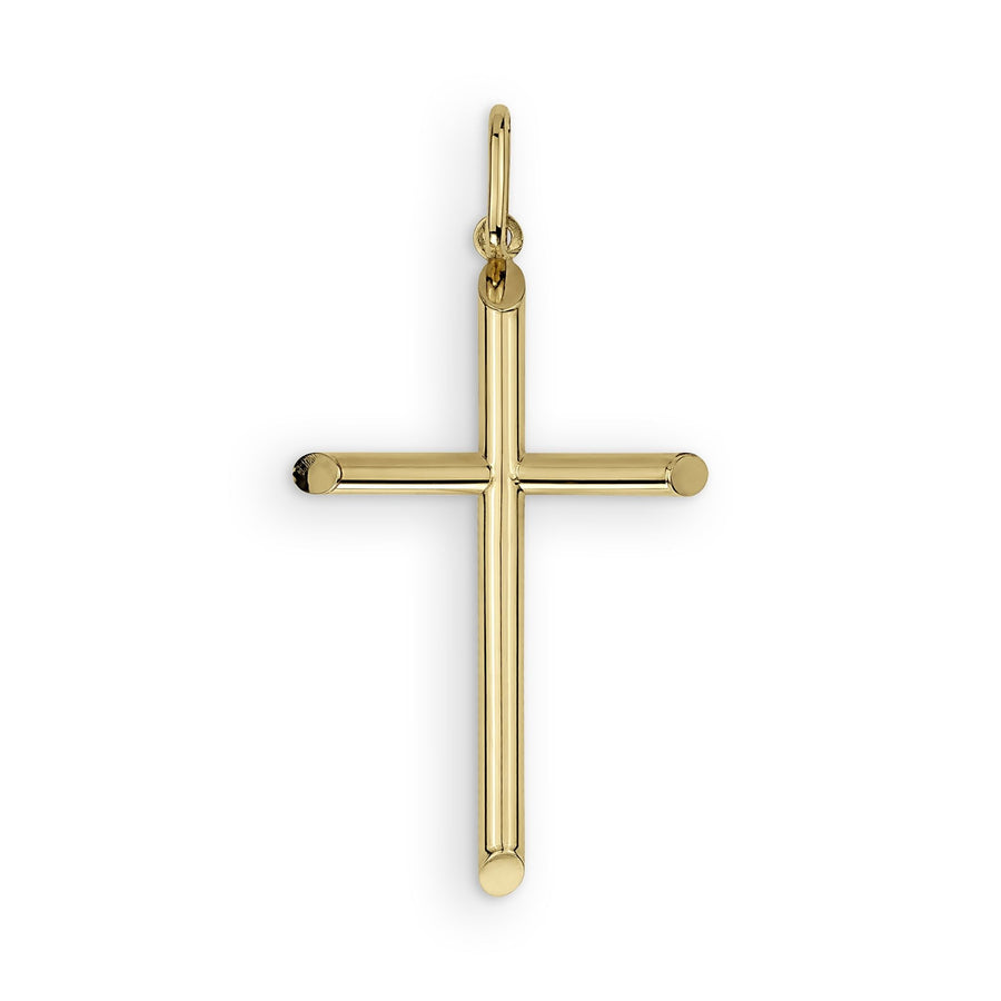 Polished yellow gold tube cross pendant with clean lines on a solid white background.