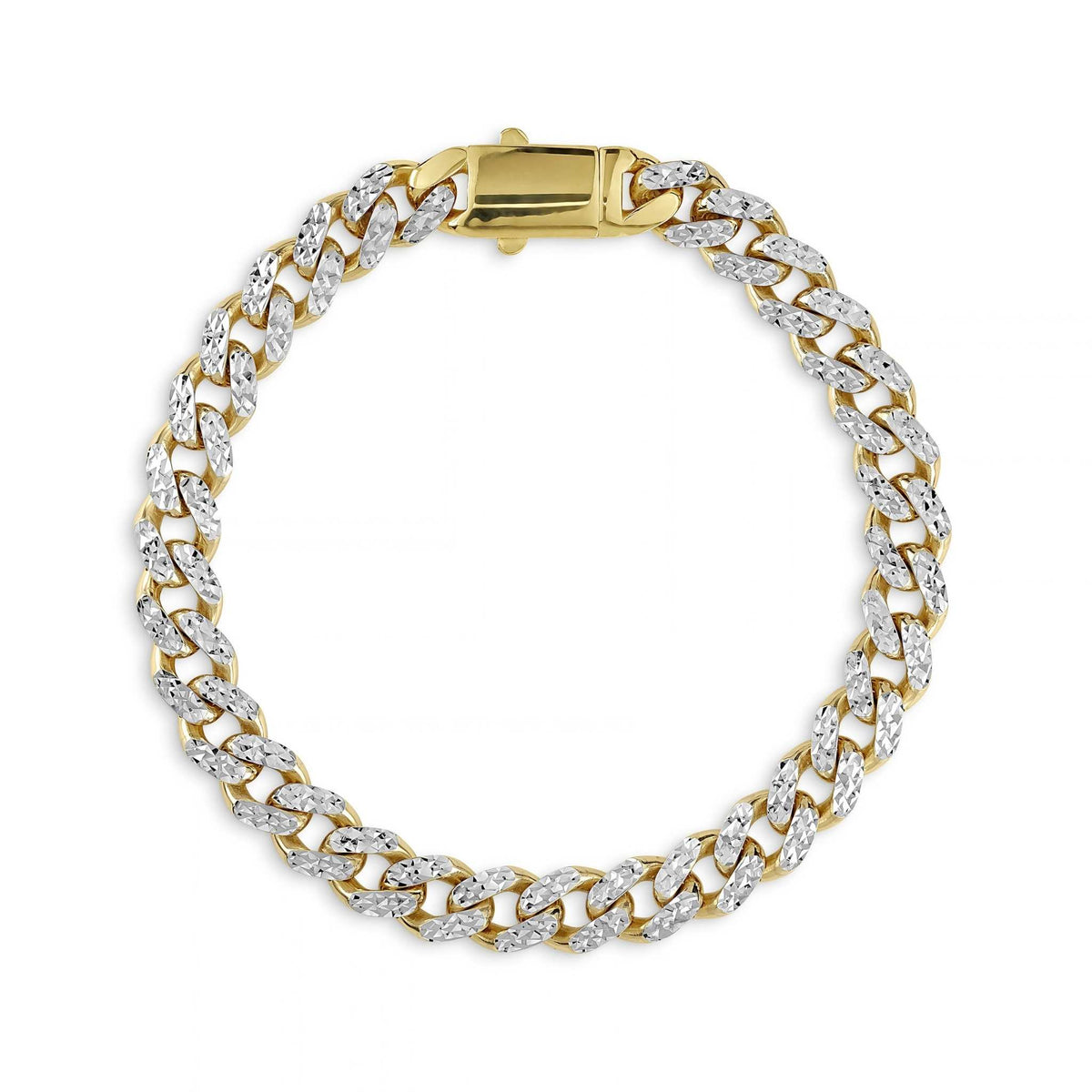 Circular display of a gold DC Monaco Miami Cuban chain bracelet with pave links.