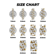 Size chart showing DC Monaco Miami Cuban chain widths compared to U.S. quarters