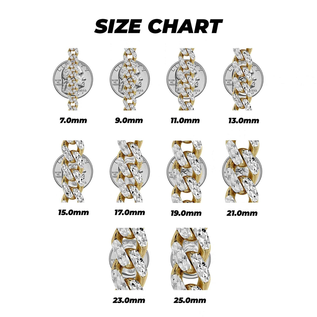 Size chart showing DC Monaco Miami Cuban chain widths compared to U.S. quarters