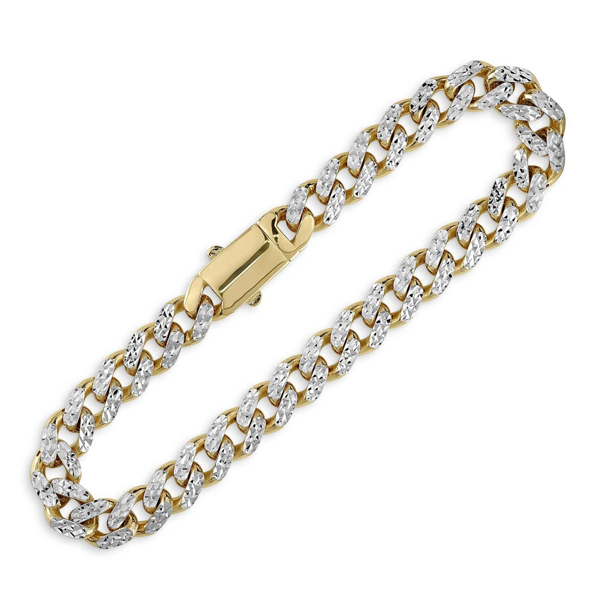Close-up of diamond-cut pave links on a gold DC Monaco Miami Cuban bracelet.