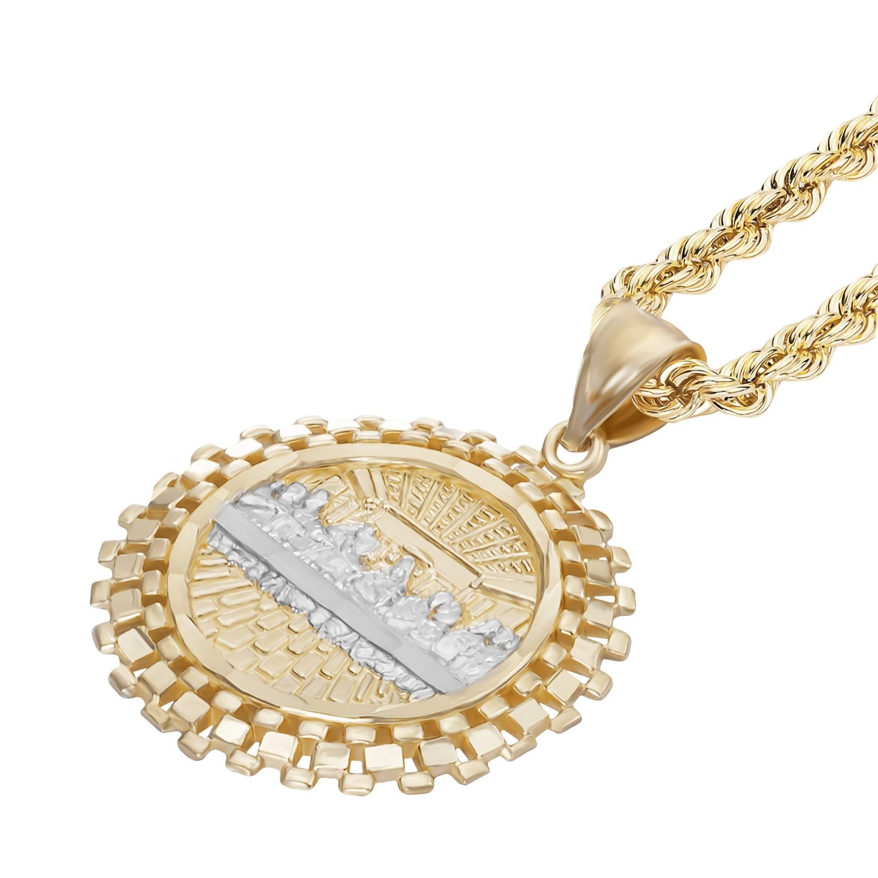 Two-tone gold Last Supper pendant paired with a matching rope chain necklace.