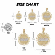 Size chart diagram displaying five Last Supper pendant dimensions from X-Small to X-Large.