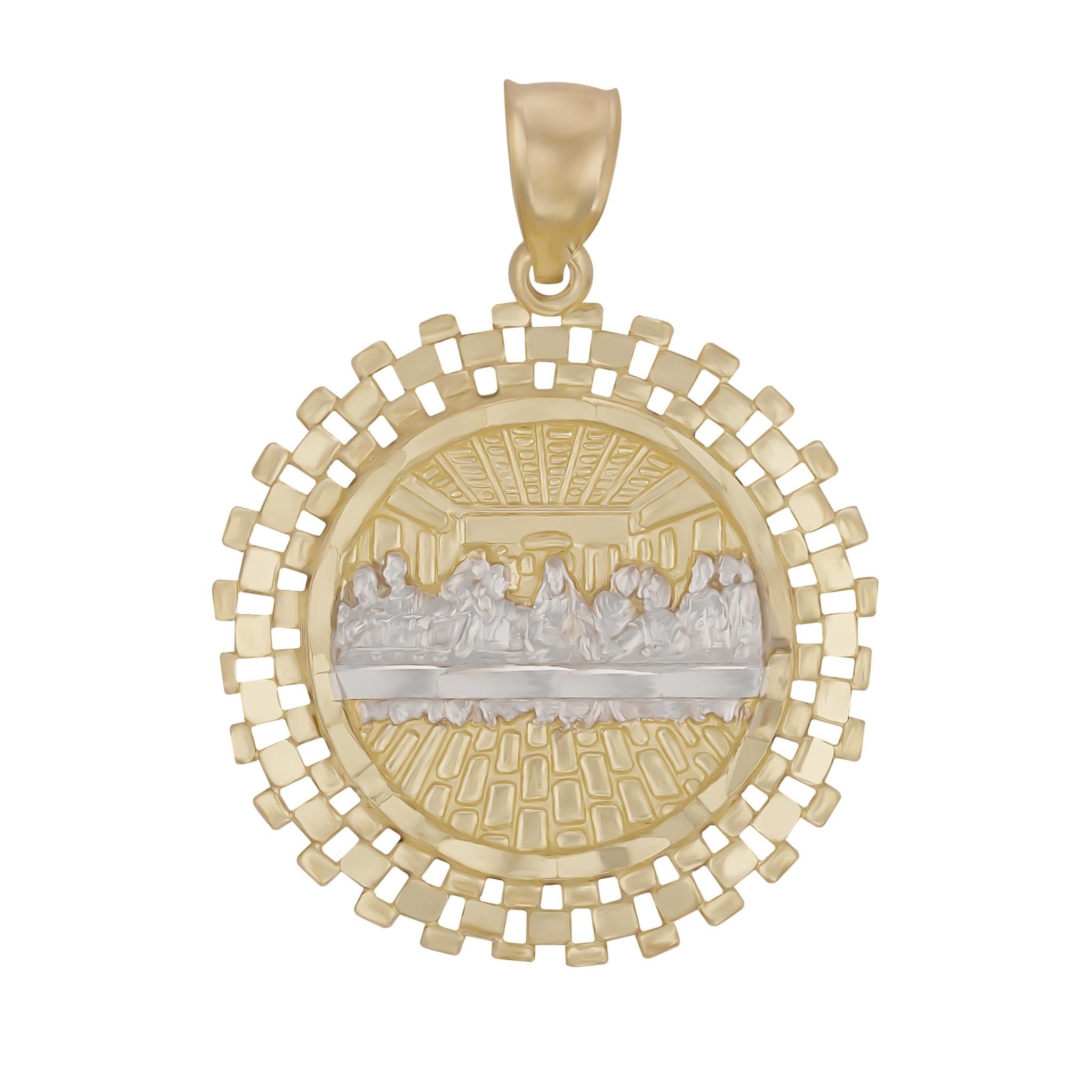 Detailed religious charm in yellow and white gold depicting the Last Supper on a plain white background.