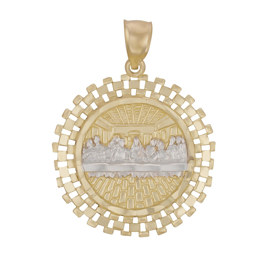 Detailed religious charm in yellow and white gold depicting the Last Supper on a plain white background.