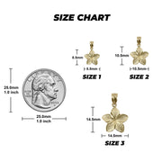 Product size guide showing three gold hibiscus flower pendants with dimension labels and a U.S. quarter.