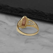Rear view of the 10k and 14k gold Alvia Virgin Mary ring showing its inner band.