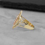 Side profile of the 10k and 14k gold marquise Virgin Mary ring
