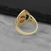 Rear angle view of the 10k and 14k gold marquise Virgin Mary ring.