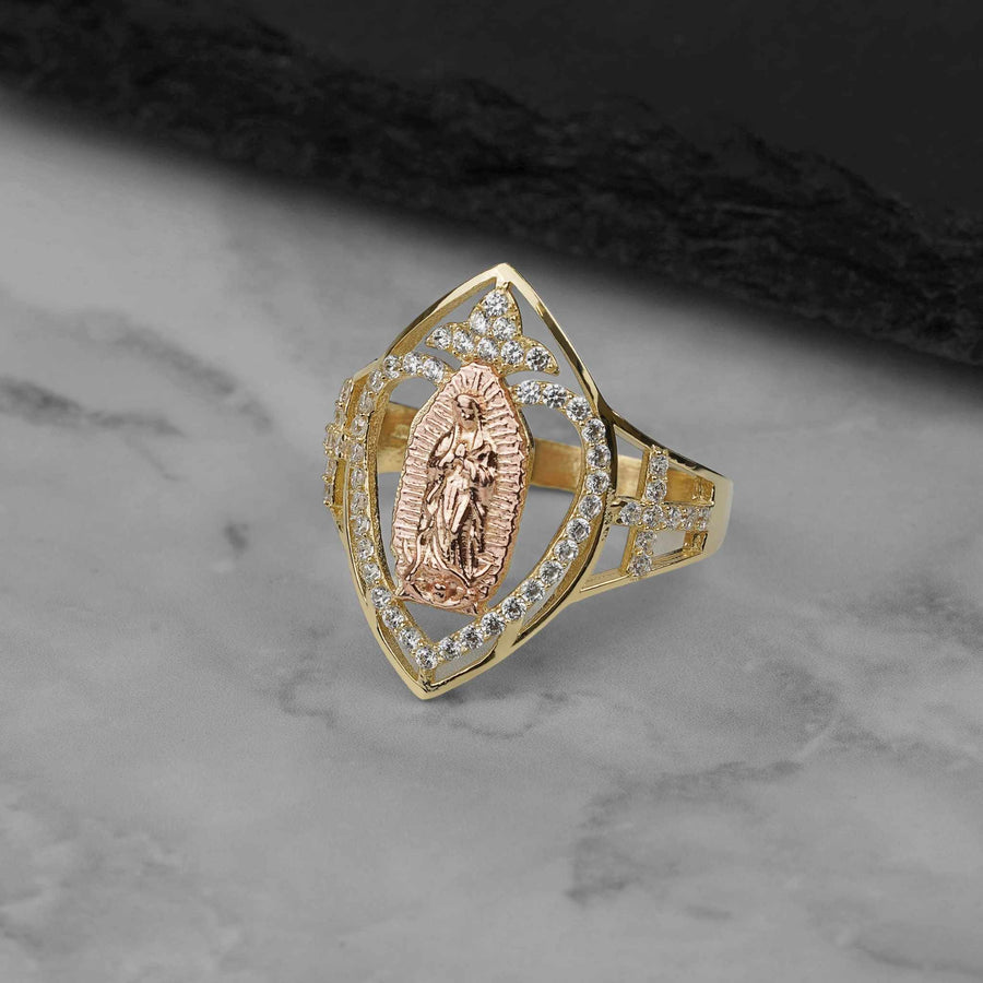 Close-up of the 10k and 14k gold marquise Virgin Mary ring