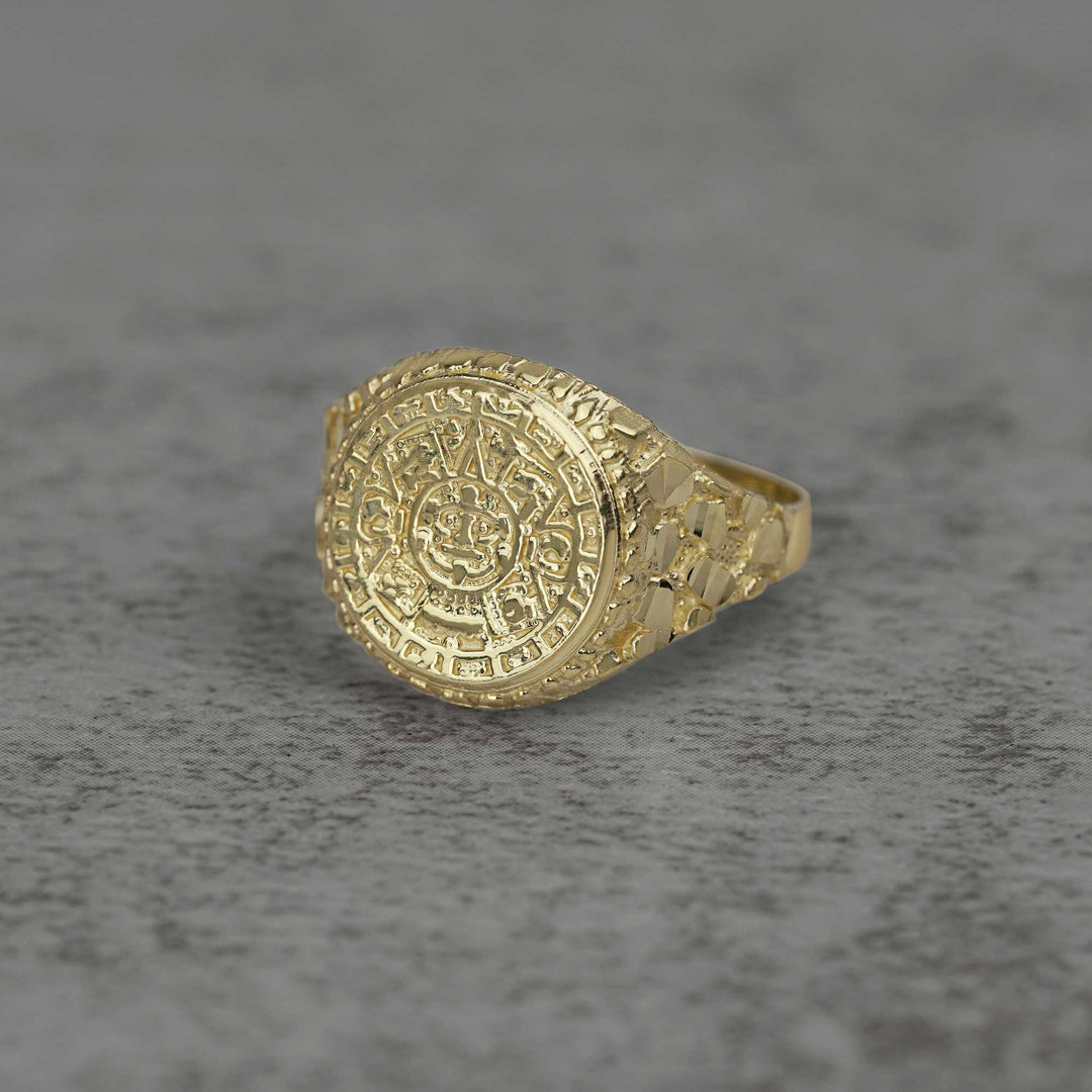 10k - 14k Gold ring with Aztec Mayan Calendar Round design front view