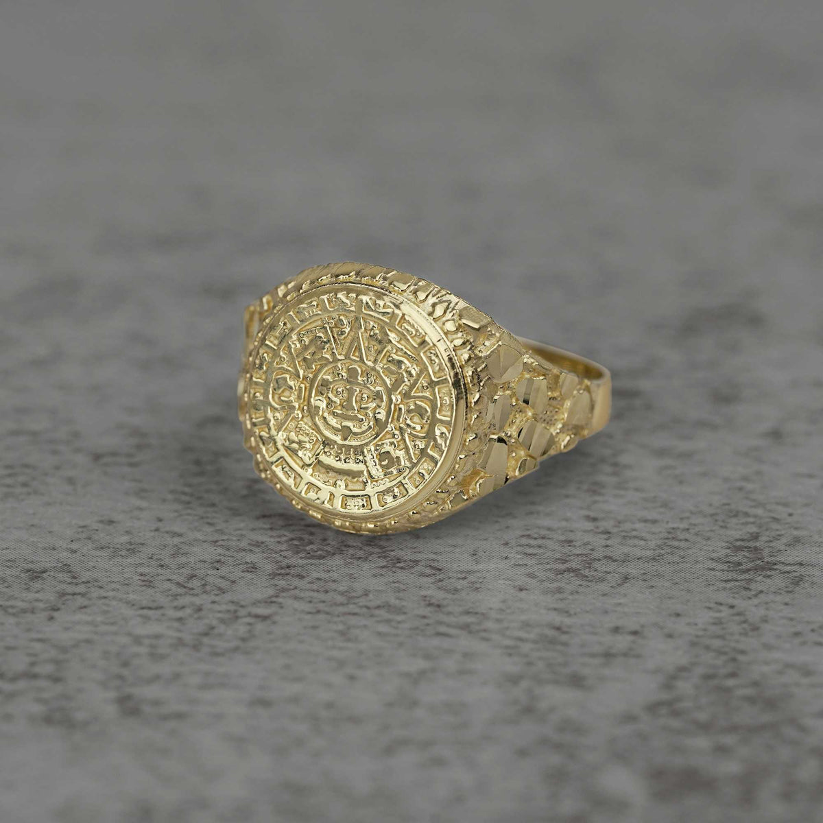 10k - 14k Gold ring with Aztec Mayan Calendar Round design front view