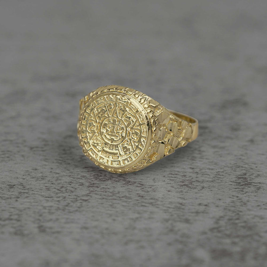 10k - 14k Gold ring with Aztec Mayan Calendar Round design front view