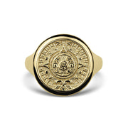 10k 14k gold classic Aztec Mayan calendar round signet ring cultural fine jewelry.