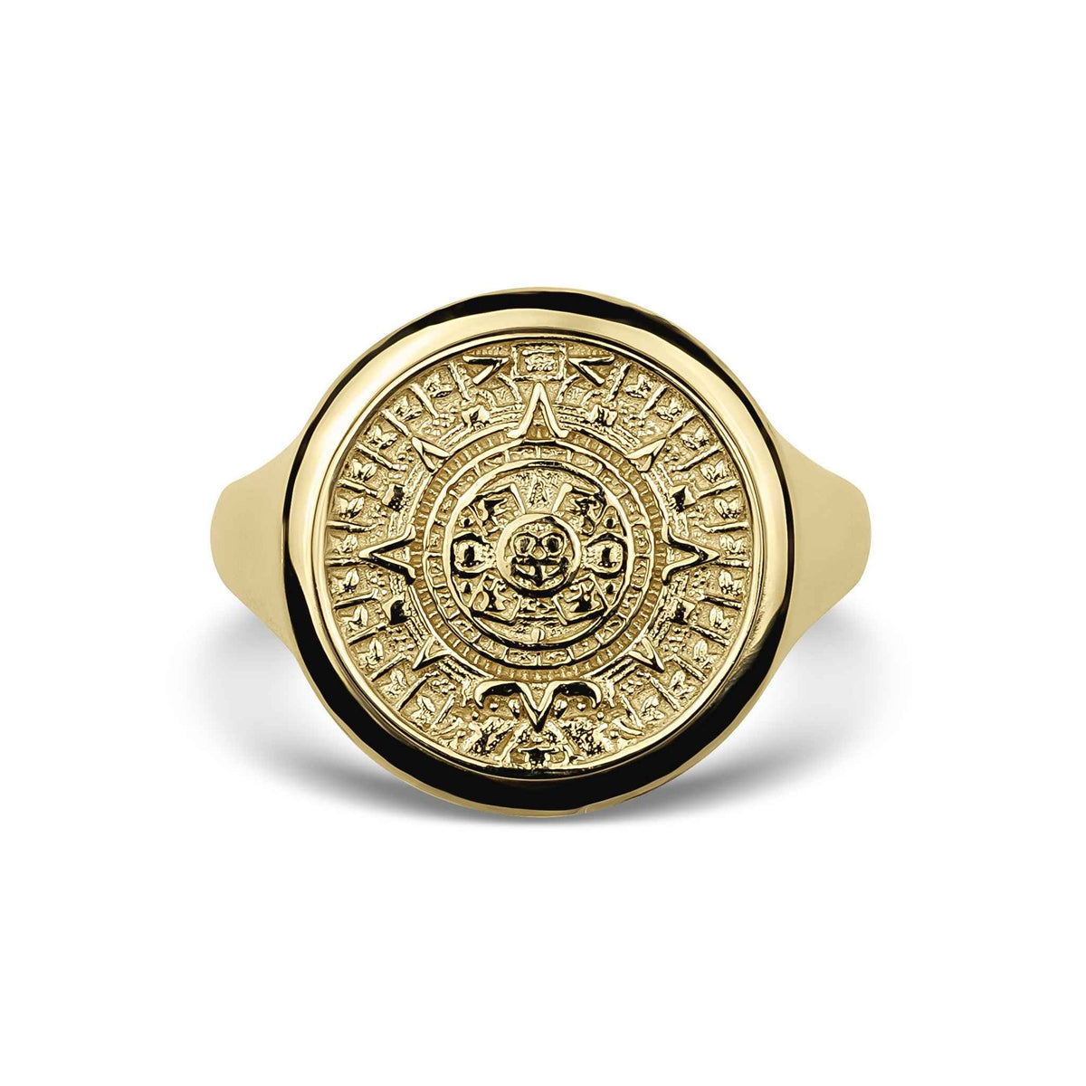 10k 14k gold classic Aztec Mayan calendar round signet ring cultural fine jewelry.