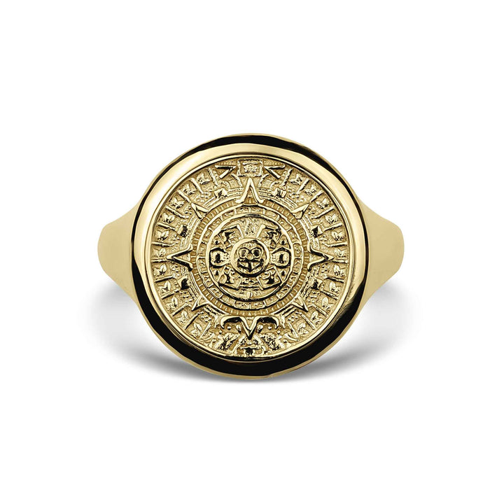 10k 14k gold classic Aztec Mayan calendar round signet ring cultural fine jewelry.
