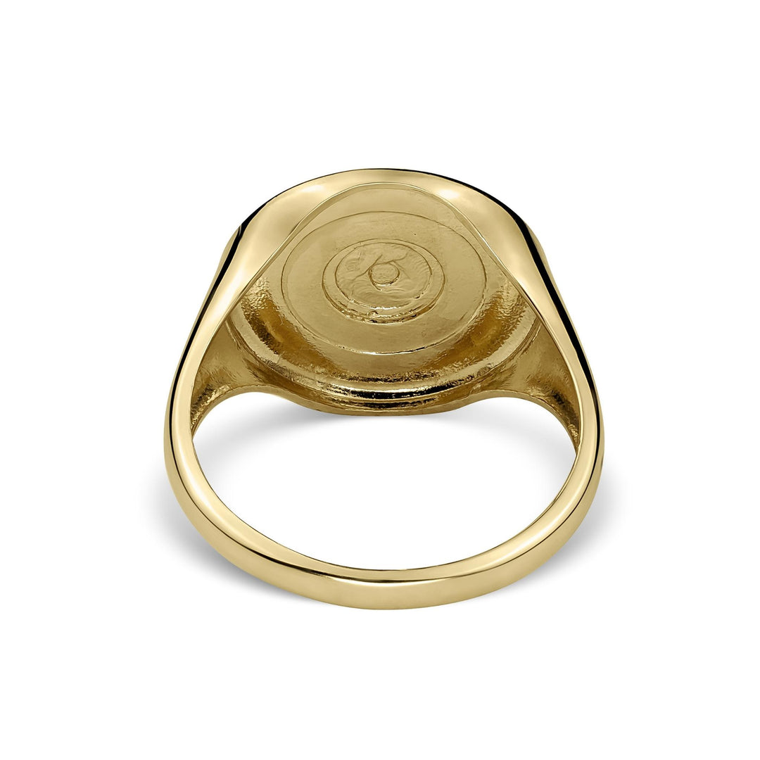 10k 14k gold classic Aztec Mayan calendar round signet ring cultural jewelry back view.