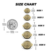 Ring size chart comparing five sizes of gold Aztec Mayan round rings to a quarter.