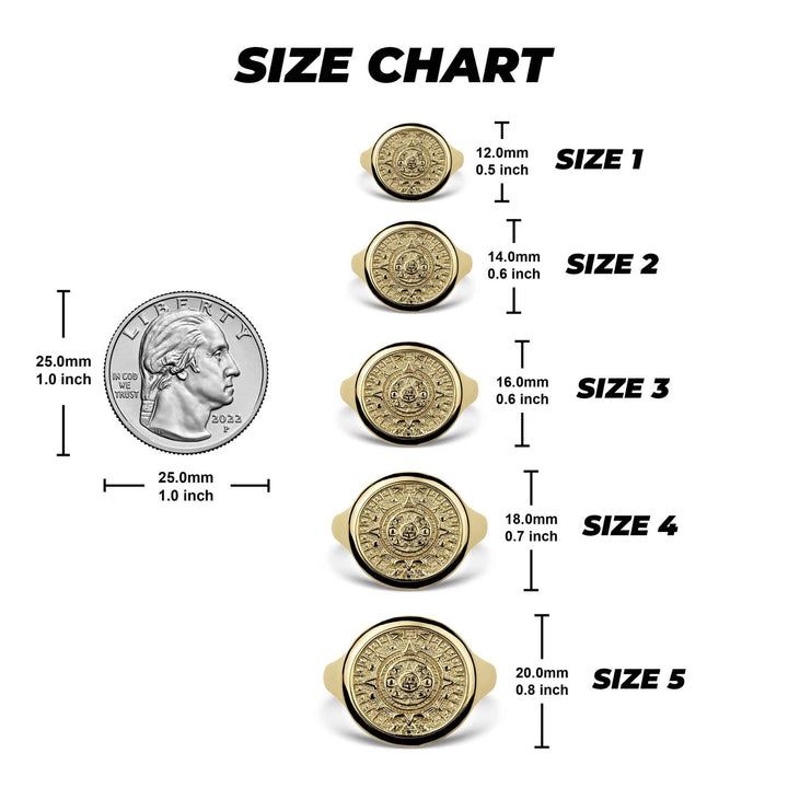 Ring size chart comparing five sizes of gold Aztec Mayan round rings to a quarter.