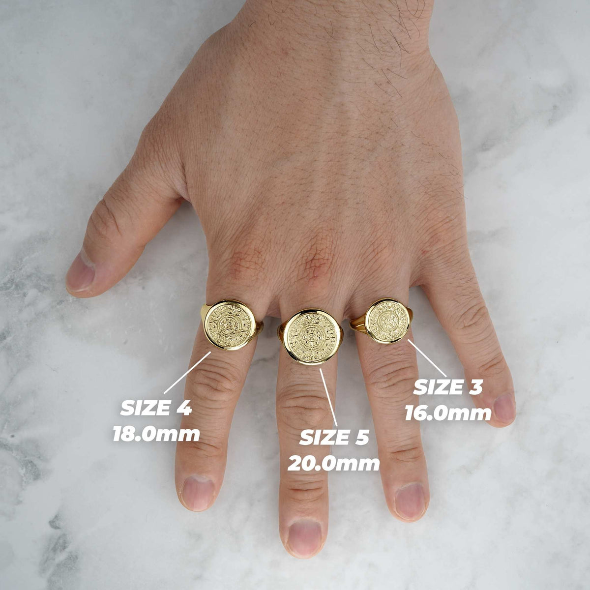 Yellow gold classic Aztec Mayan calendar round signet rings in Sizes 3, 4, and 5.