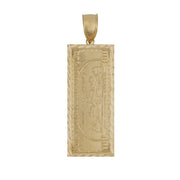 Back view of a rectangular gold hundred-dollar bill pendant showing a smooth, flat polished surface.