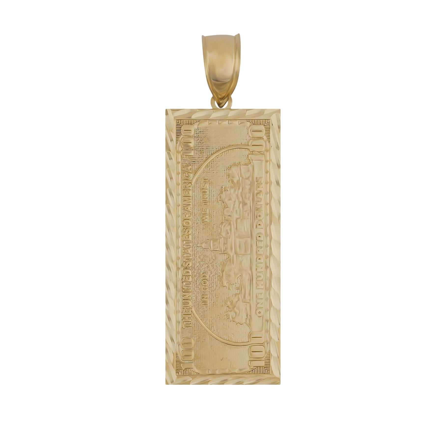 Back view of a rectangular gold hundred-dollar bill pendant showing a smooth, flat polished surface.