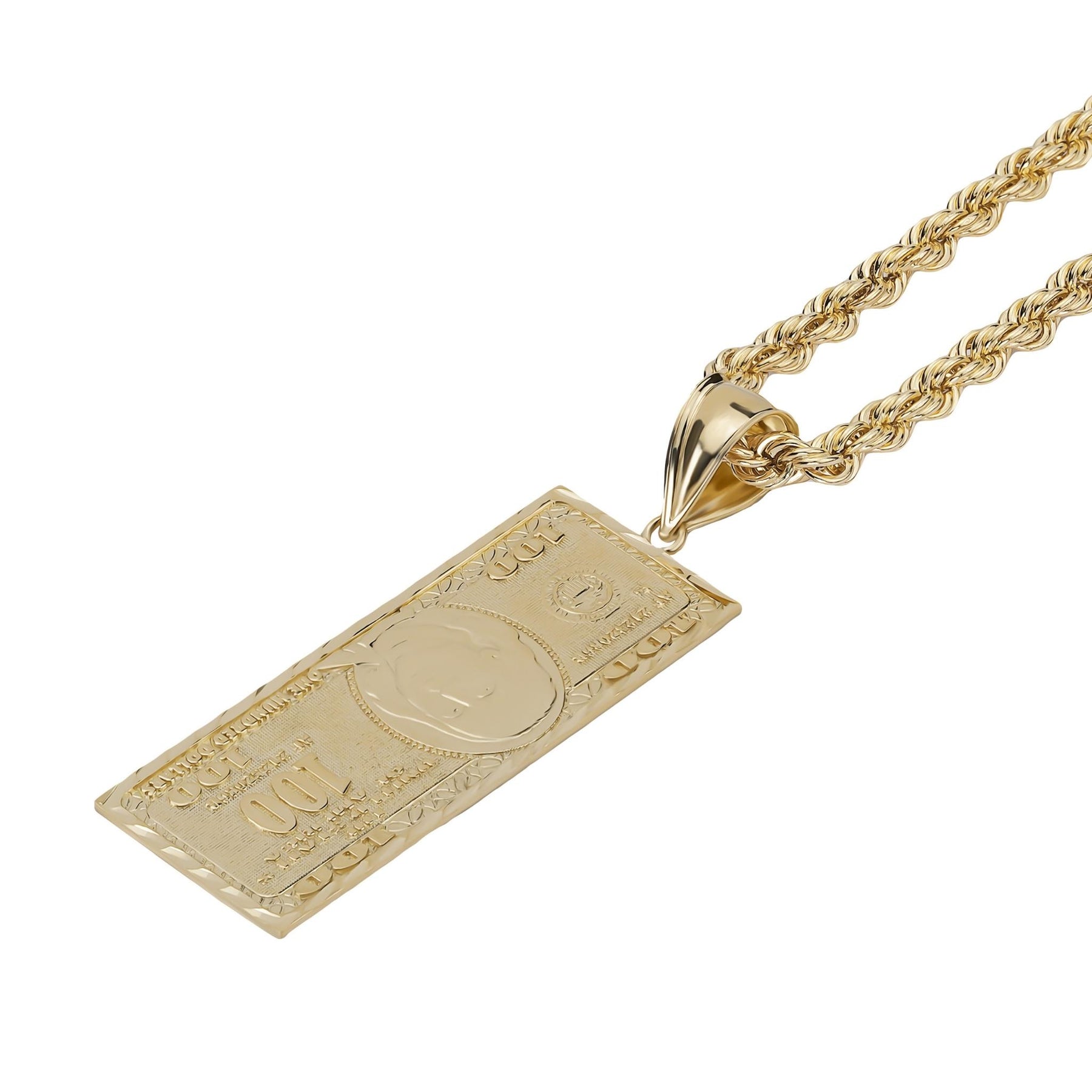 A gold hundred-dollar bill pendant hanging from a thick matching gold rope chain.