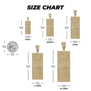 Size chart graphic displaying five gold hundred-dollar bill pendants with dimension measurements and a coin reference.